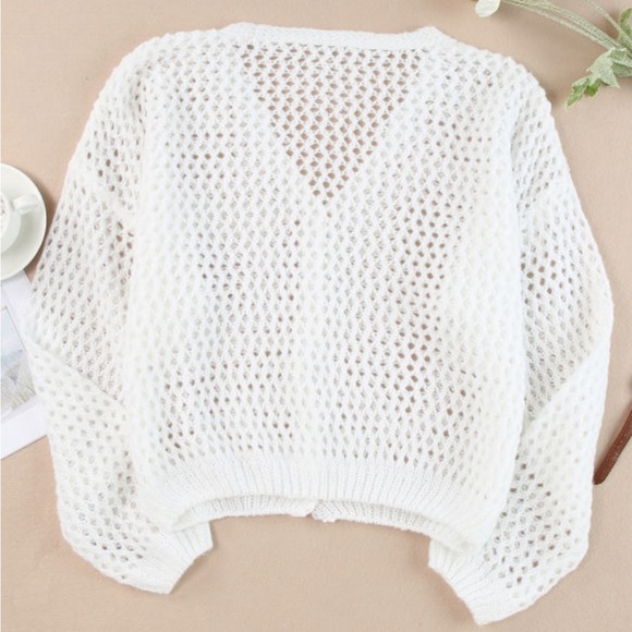 White Knit Dolman Sleeve Sweater Cardigan - Picture 3 of 14